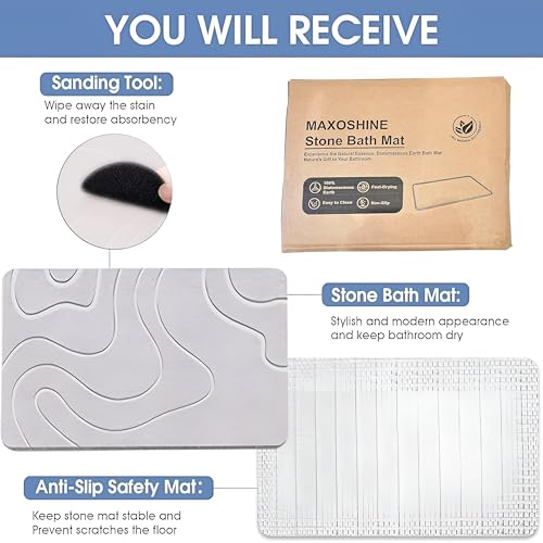 MAXOSHINE TerraDry Stone Mat for Bathroom-Highly Absorbent Diatomaceous Earth Shower Mat-Antislip Stone Bath Mat for Home Kitchen Living Room-Quick Drying Floor Mat (35 X 45 cm Light Grey) - Image 5