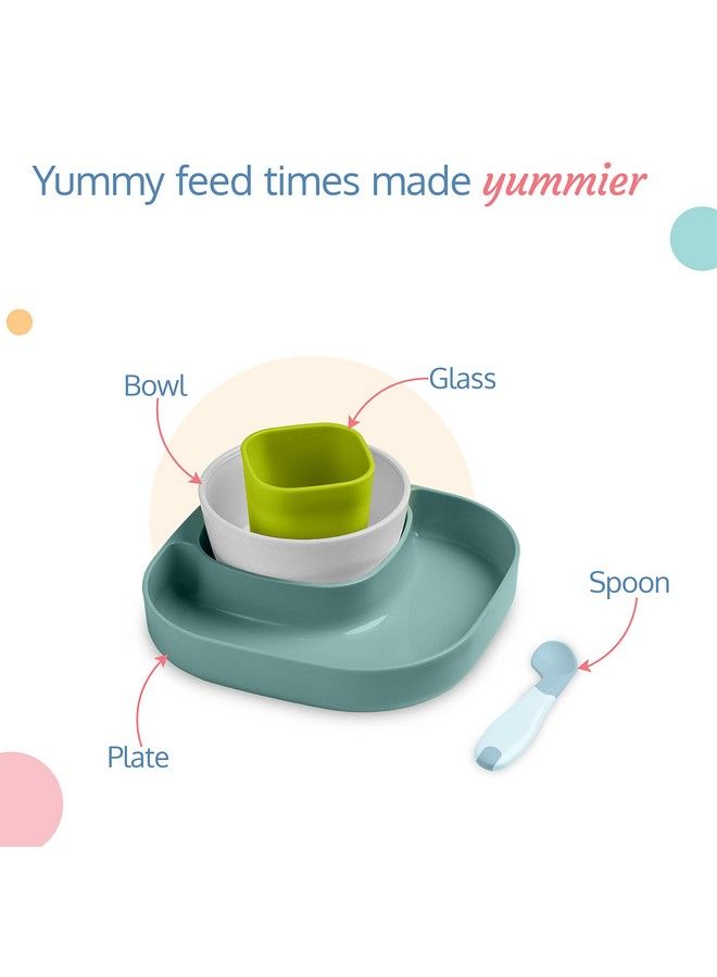 Luvlap طقم أدوات مائدة للأطفال مكون من 4 قطع، طبق ووعاء وكوب وملعقة، ألوان جذابة، غير سامة وخالية من مادة بيسفينول أ (سيليكون أزرق وأخضر) - Image 5