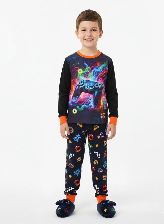 babyqlo Neon Game Print Boys Glow in the Dark Pajama Set