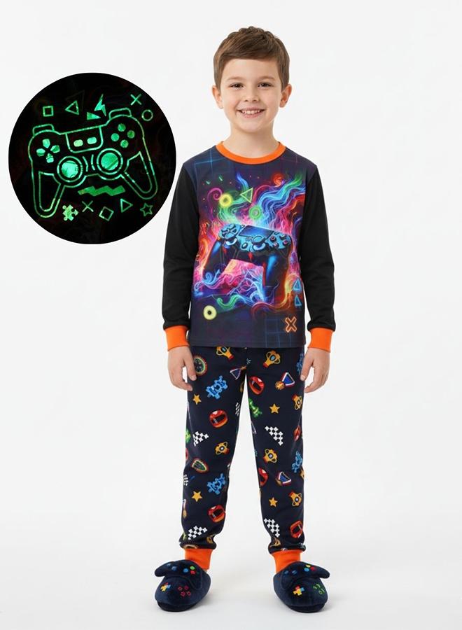 babyqlo Neon Game Print Boys Glow in the Dark Pajama Set - Image 1