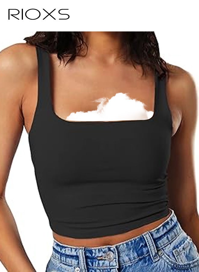 ريوكس بلوزة نسائية بدون أكمام بفتحة رقبة مربعة وحمالات، قميص داخلي صيفي أساسي ضيق بدون أكمام، بلوزة رياضية كاجوال سادة لتمارين اليوغا في العطلات، لون أسود. - Image 1