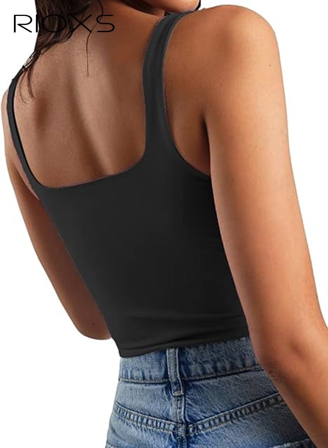 ريوكس بلوزة نسائية بدون أكمام بفتحة رقبة مربعة وحمالات، قميص داخلي صيفي أساسي ضيق بدون أكمام، بلوزة رياضية كاجوال سادة لتمارين اليوغا في العطلات، لون أسود. - Image 2