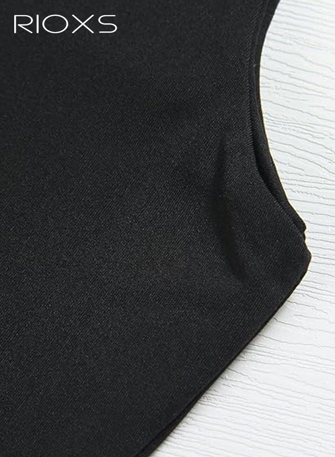 ريوكس بلوزة نسائية بدون أكمام بفتحة رقبة مربعة وحمالات، قميص داخلي صيفي أساسي ضيق بدون أكمام، بلوزة رياضية كاجوال سادة لتمارين اليوغا في العطلات، لون أسود. - Image 4