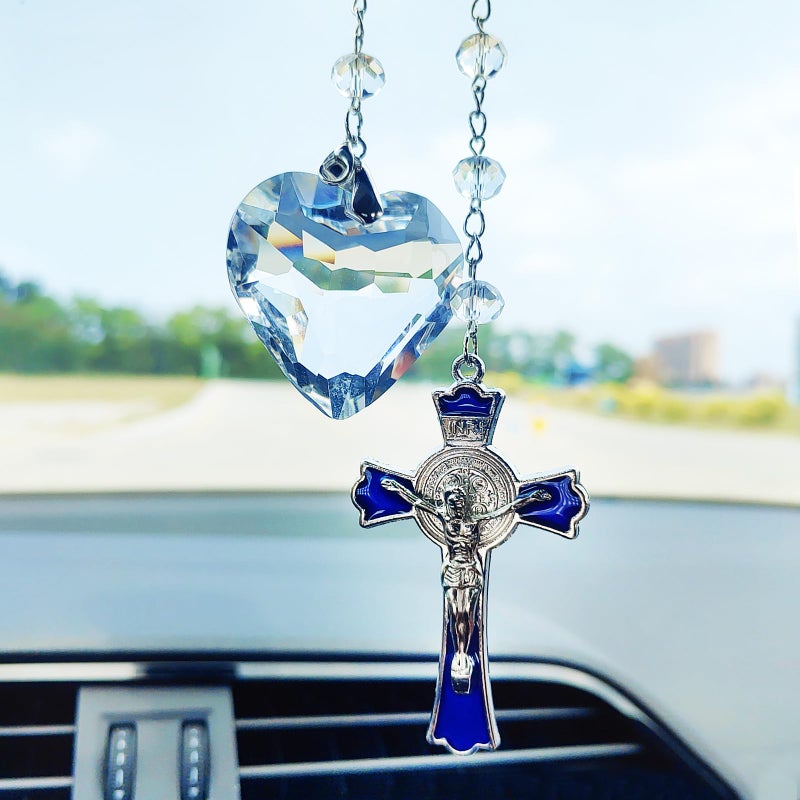 Motaney Elegant Cross Rear View Mirror Accessories Crystals Sun Catcher Car Mirror Hanging Accessories HeartShaped Crystal Pendant Suncatcher Car Decor Hanging Ornament for Blessing and Positive Energy - Image 3