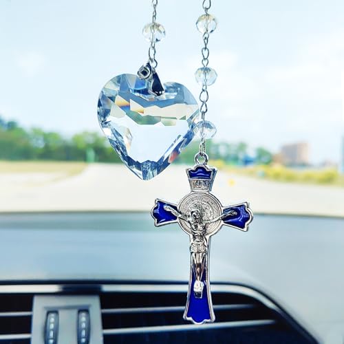 Motaney Elegant Cross Rear View Mirror Accessories Crystals Sun Catcher Car Mirror Hanging Accessories HeartShaped Crystal Pendant Suncatcher Car Decor Hanging Ornament for Blessing and Positive Energy - Image 1