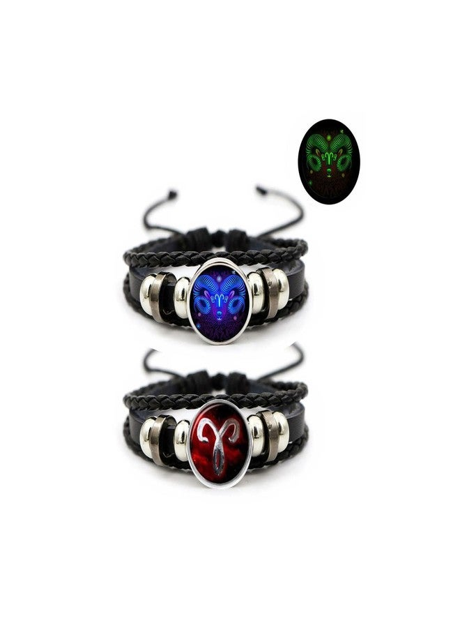 Aktully 2Pcs Multilayer Constellation Zodiac Leather Bracelet Vintage Black Leather Bracelet Adjustable Handmade Woven Bracelet Birthday Jewelry Gift for Women Men (Aries) - Image 1