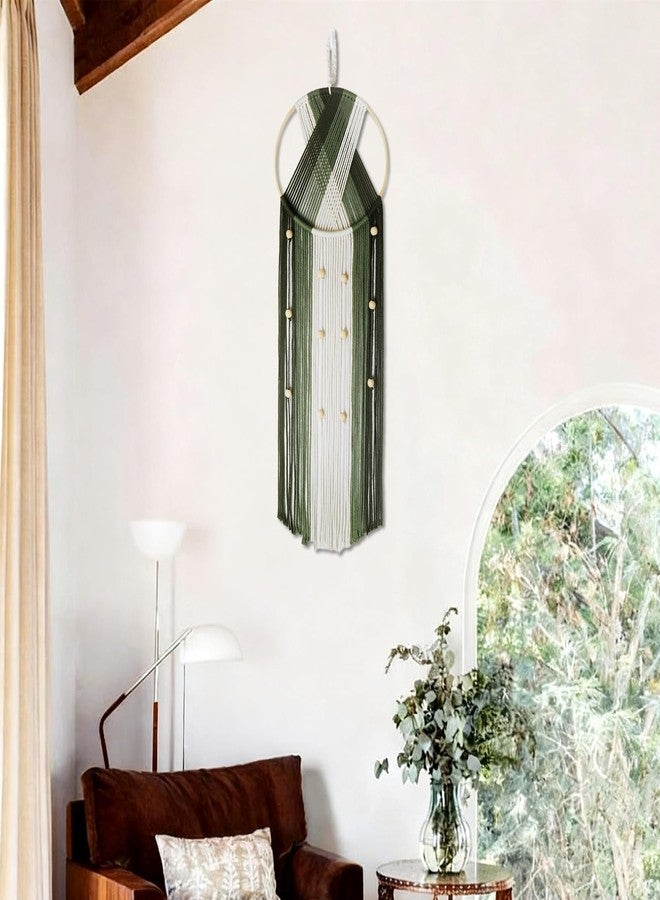 ال بي لوحة جدارية من المكرمية البوهيمية من إل بي - ديكور منسوج يدويًا من القطن باللونين الأخضر والبيج، ديكور جداري عصري بنقوش هندسية بوهيمية لغرفة النوم وغرفة المعيشة (31.5 بوصة × 9.84 بوصة) مستوحى من الطبيعة - Image 2