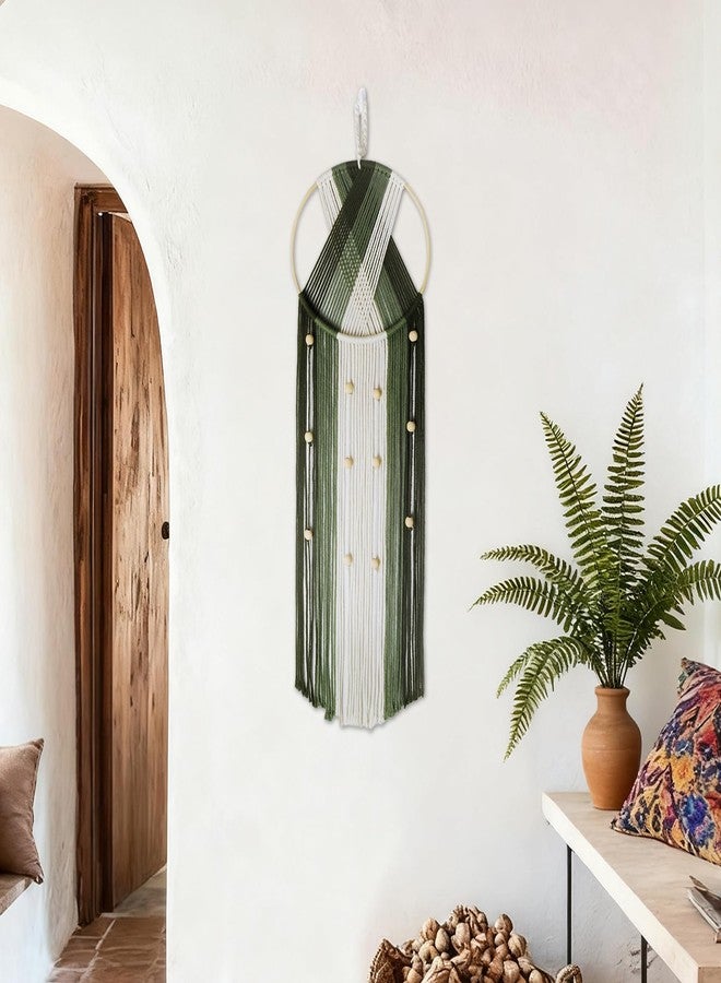 ال بي لوحة جدارية من المكرمية البوهيمية من إل بي - ديكور منسوج يدويًا من القطن باللونين الأخضر والبيج، ديكور جداري عصري بنقوش هندسية بوهيمية لغرفة النوم وغرفة المعيشة (31.5 بوصة × 9.84 بوصة) مستوحى من الطبيعة - Image 3