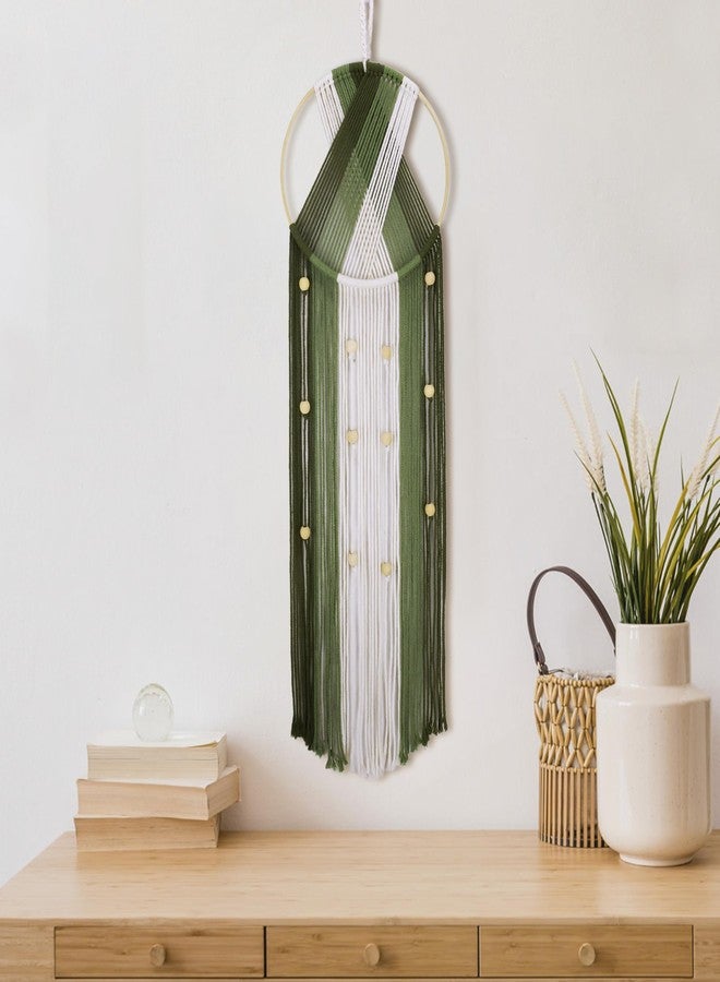 ال بي لوحة جدارية من المكرمية البوهيمية من إل بي - ديكور منسوج يدويًا من القطن باللونين الأخضر والبيج، ديكور جداري عصري بنقوش هندسية بوهيمية لغرفة النوم وغرفة المعيشة (31.5 بوصة × 9.84 بوصة) مستوحى من الطبيعة - Image 4