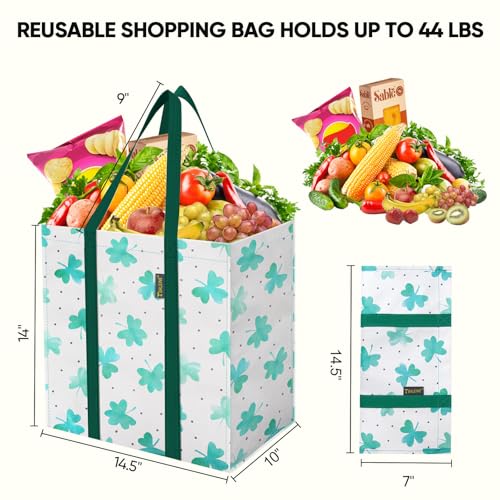 BALEINE 4 PK Grocery Bags Reusable Shopping Bags with Reinforced Bottom Heavy Duty Foldable Tote Bags Clover - Image 3