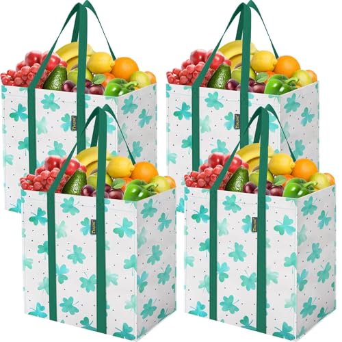 BALEINE 4 PK Grocery Bags Reusable Shopping Bags with Reinforced Bottom Heavy Duty Foldable Tote Bags Clover - Image 1