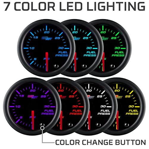 GlowShift Tinted 7 Color 30 PSI Fuel Pressure Gauge Kit for Diesel Trucks - Includes 1/8-27 NPT Electronic Sensor & Wiring - Multi-Color Display - Black Dial - Smoked Lens - 2-1/16" 52mm - Image 4
