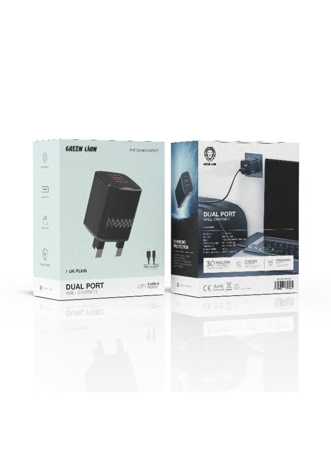GREEN LION Dual Port Wall Charger with 2 USB-A Port & USB-A To USB-C 1m Cable / Charging Protection /  Over-Voltage Protection , Over-Circuit Protection, Over-Heating & Short Circuit Protection / Ultra Compact / Output Power of 10.5W / Phone Charger 2 Plugs / For SmartPhones - Black