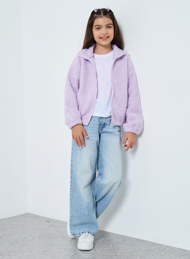 Styli Teens Lilac Furry Jacket with Collar - Image 2