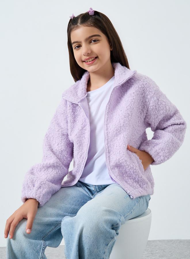Styli Teens Lilac Furry Jacket with Collar - Image 1