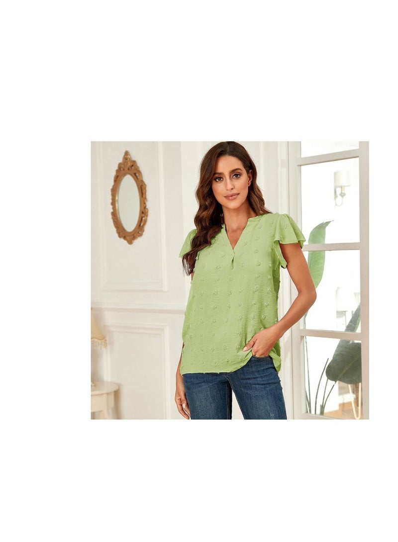 Loquat New Summer Polka Dot Lotus Sleeve V-neck Chiffon Blouse 
