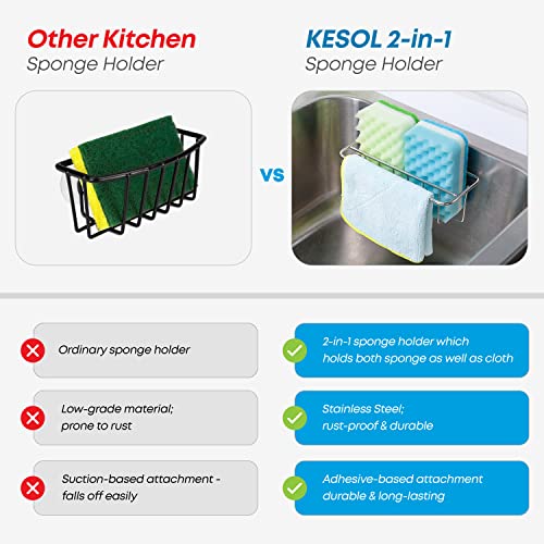 KESOL Adhesive Kitchen Sink Sponge Holder + Dish Cloth Hanger + Soap Holder, 2-in-1 Kitchen Sink Caddy, 304 Stainless Steel Rust Proof, Water Proof, No Drilling (Black) - Image 5