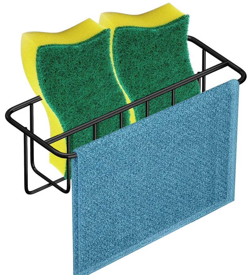 KESOL Adhesive Kitchen Sink Sponge Holder + Dish Cloth Hanger + Soap Holder, 2-in-1 Kitchen Sink Caddy, 304 Stainless Steel Rust Proof, Water Proof, No Drilling (Black) - Image 1