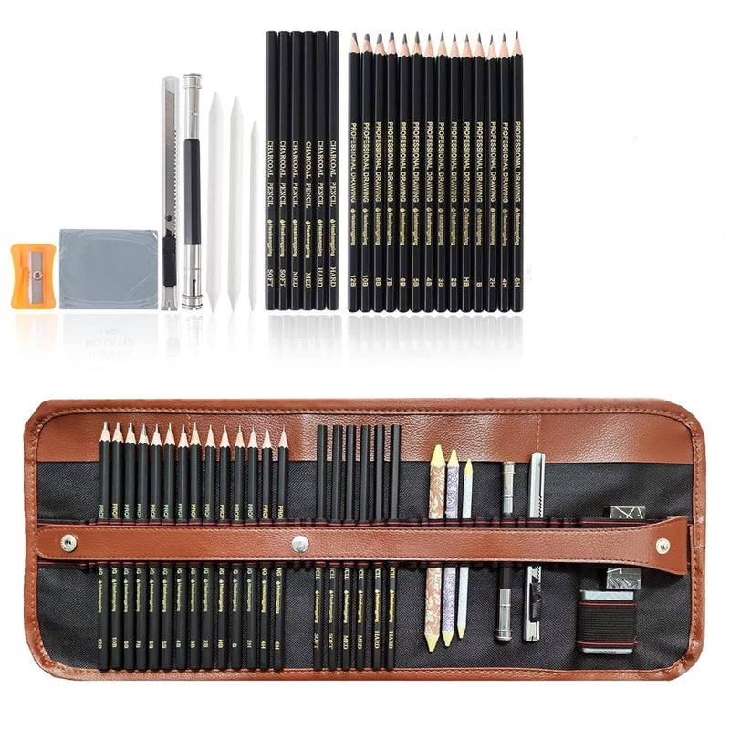 Tusmad Drawing Art Tool Kit Pencils30 Pcs Sketching Pencils Set Travel Pencils Kit with Charcoal Pencils Erasers Extender Carry Bag Etc for Students Teens Adults with Canvas Rolling Pouch