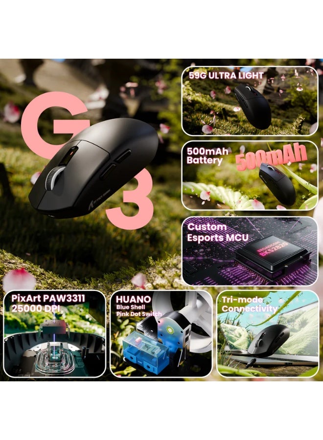 Attack Shark Shark Attack G3 Tri-Mode Wireless Gaming Mouse, 2.4G Wireless/Bluetooth/Wired, 25,000 DPI, Ultra-Lightweight, PixArt PAW3311 Gaming Sensor, Built-in 500mAh Battery for Long-Lasting Power, Black - Image 2