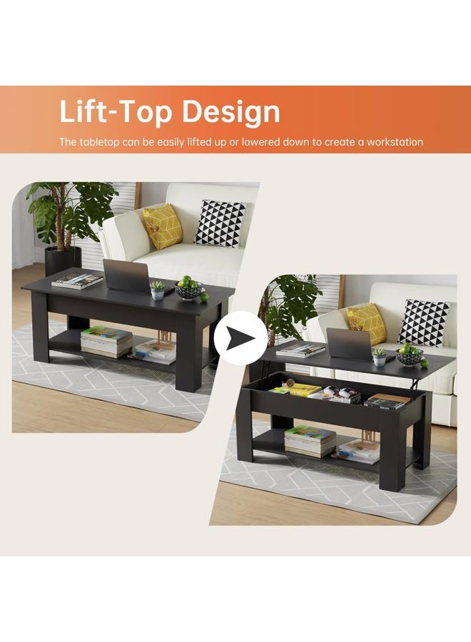 FDW 47" Lift Top Coffee Table with Hidden Large Storage Shelf and Compartment Lifted Wooden Dining Table for Living Room Home Office,Black - Image 2