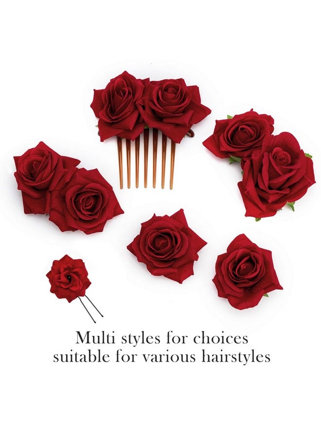 DRESHOW DRESHOW Women Red Rose Flower Hair Clip Hairpin Flower Brooch Bridal Headpiece Wedding Flamenco Dancer Hair Accessories 1 Count (Pack of 9)  - Image 5