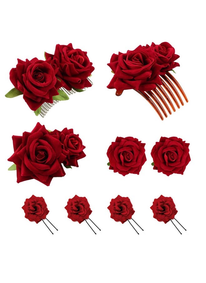 DRESHOW DRESHOW Women Red Rose Flower Hair Clip Hairpin Flower Brooch Bridal Headpiece Wedding Flamenco Dancer Hair Accessories 1 Count (Pack of 9)  - Image 1