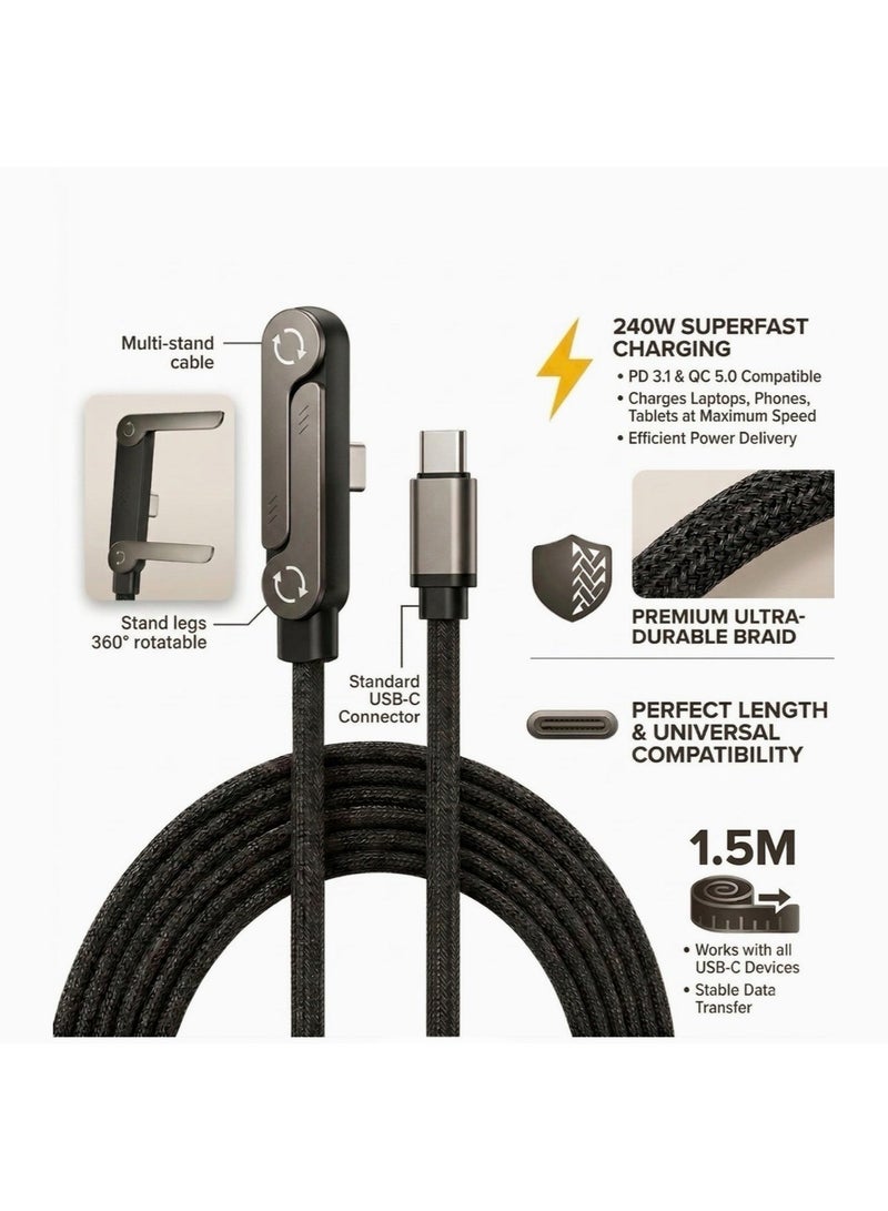 240W Fast Charging USB-C to USB-C Cable with Built-in Stand, 90° Angled Braided Charger Cord for Gaming, Streaming & Laptop Charging, Durable Type-C Cable for iPhone, Samsung, MacBook and all android phones - Image 1