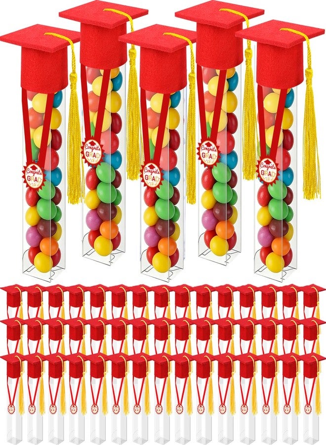 JMUQ 50 Sets Graduation Gumball Tubes,2026 Graduation Candy Jar Container with Grad Mini Caps Mini Graduation Tassels for DIY Grad Table Supplies(Red) - Image 1