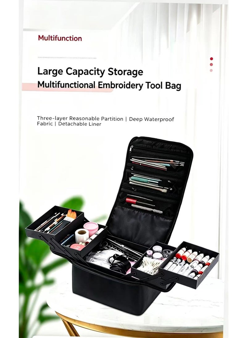 Waterproof Large Capacity Makeup Organizer Case, 2-Layer Multifunctional Cosmetic Storage Box with Detachable Liner, Portable Travel Makeup Bag for Brushes, Lipsticks, Nail Tools - Image 3