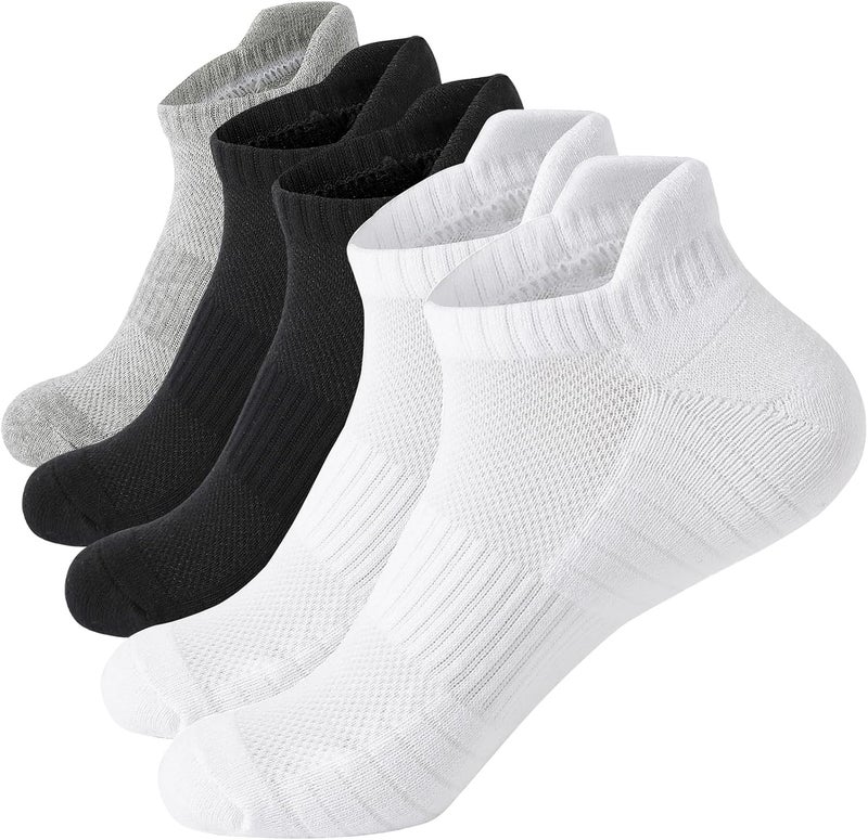 PUJANE 5 Pairs Athletic Running Ankle Socks Cushioned Breathable Low Cut Sports Tab Cotton Socks for Men and Women - Image 1