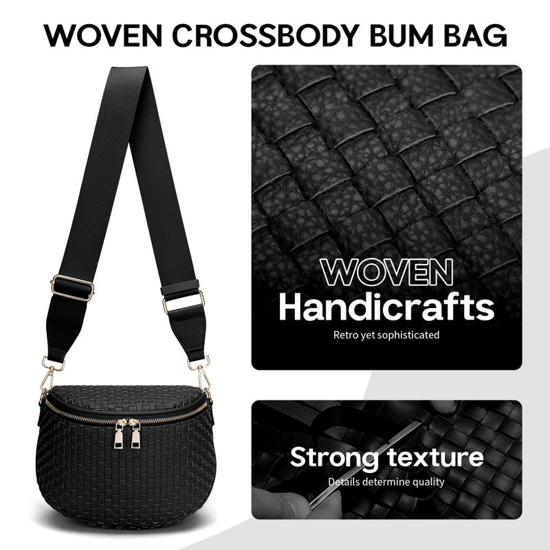 FODOKO Woven Crossbody Bag for Women weave Leather Bum Bags Checkered Purse with zipper - Image 3