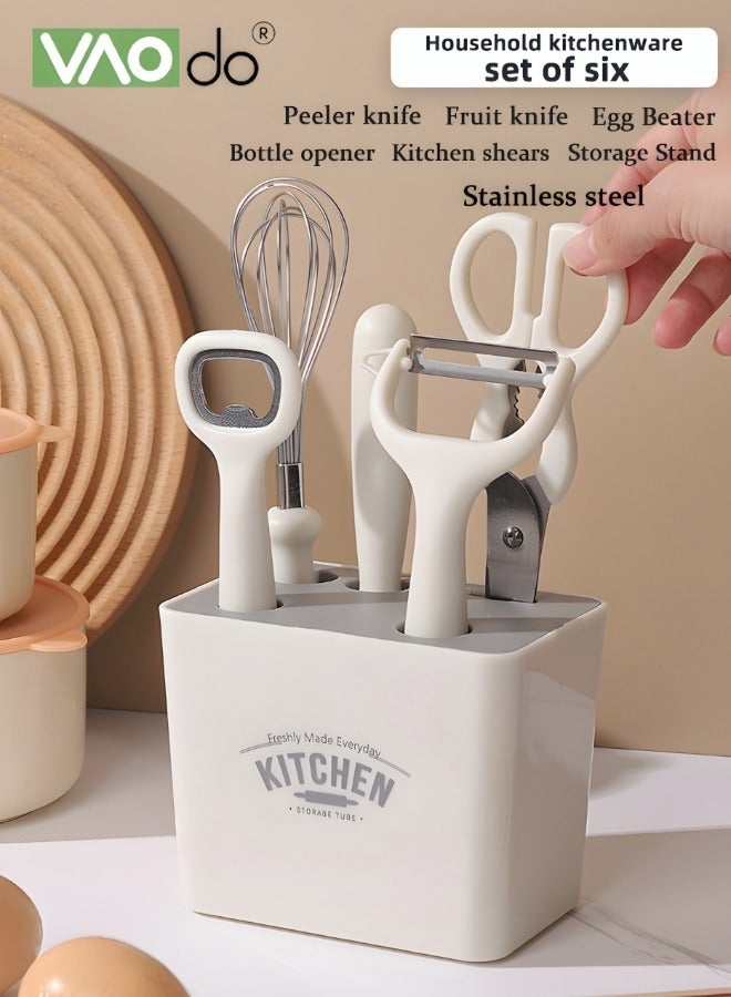 Cooking Tools Set 6 Pieces Kitchen Cooking Utensil with Holder Collection for Peeler Spatula Spoon Brush Whisk White - Image 2
