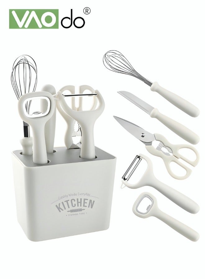 Cooking Tools Set 6 Pieces Kitchen Cooking Utensil with Holder Collection for Peeler Spatula Spoon Brush Whisk White - Image 1