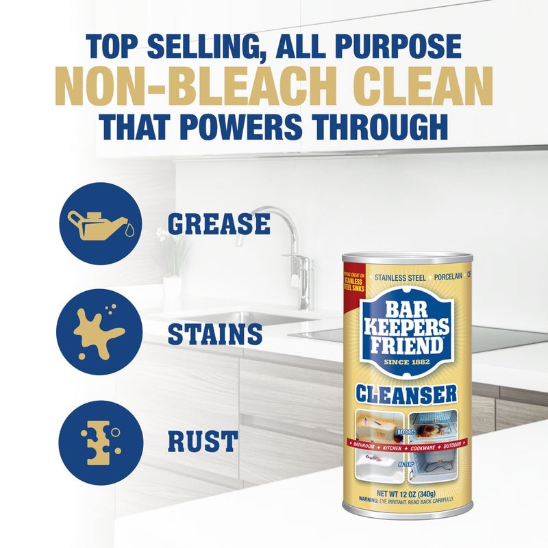Bar Keepers Friend Powder Cleanser (2 x 12 oz) Multipurpose Cleaner, Stain & Rust Remover for Bathroom, Kitchen & Outdoor Use on Stainless Steel, Aluminum, Brass, Tile, Ceramic, Porcelain & More - Image 2