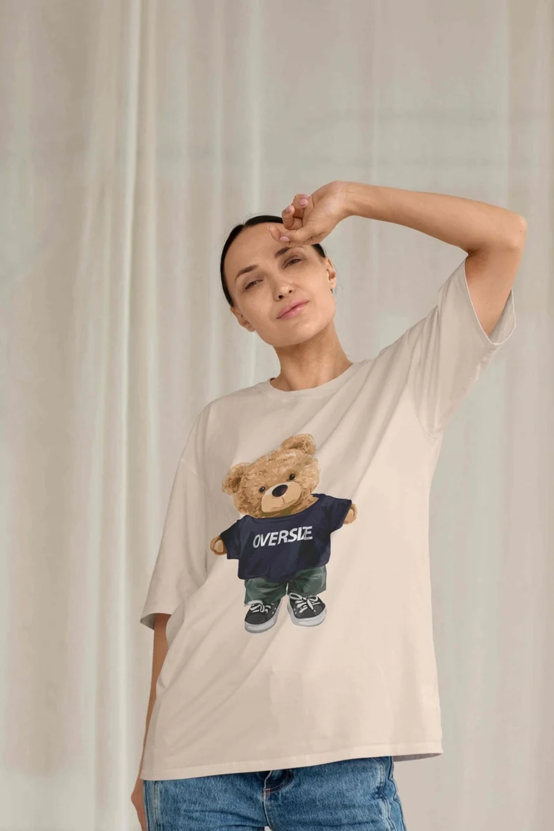دوغ فش Women's Lilac Teddy Printed Oversize T-Shirt