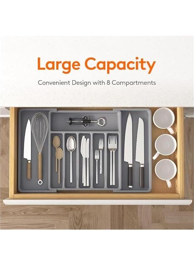 MIXDE Silverware Drawer Organizer, Expandable Utensil Tray for Kitchen, Adjustable Flatware and Cutlery Holder, Compact Plastic Storage for Spoons Forks Knives, Large (Grey) - Image 3