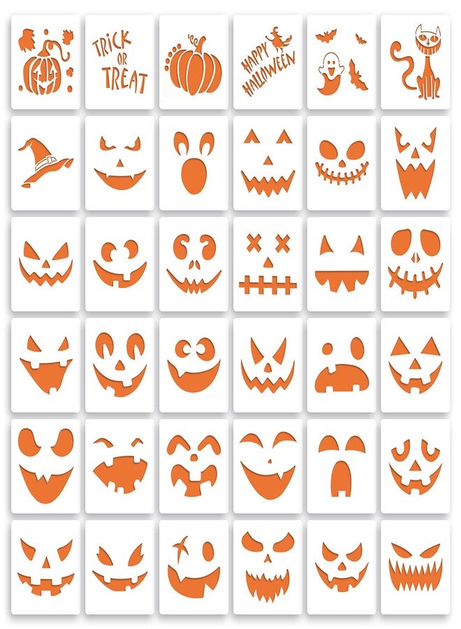 Sakolla 36 Pieces Halloween Drawing Stencils, 6 Inch Plastic Reusable Pumpkin Faces Painting Stencil for DIY Pumpkin Carving, Wood, Walls Art and Halloween Decoration - Image 1