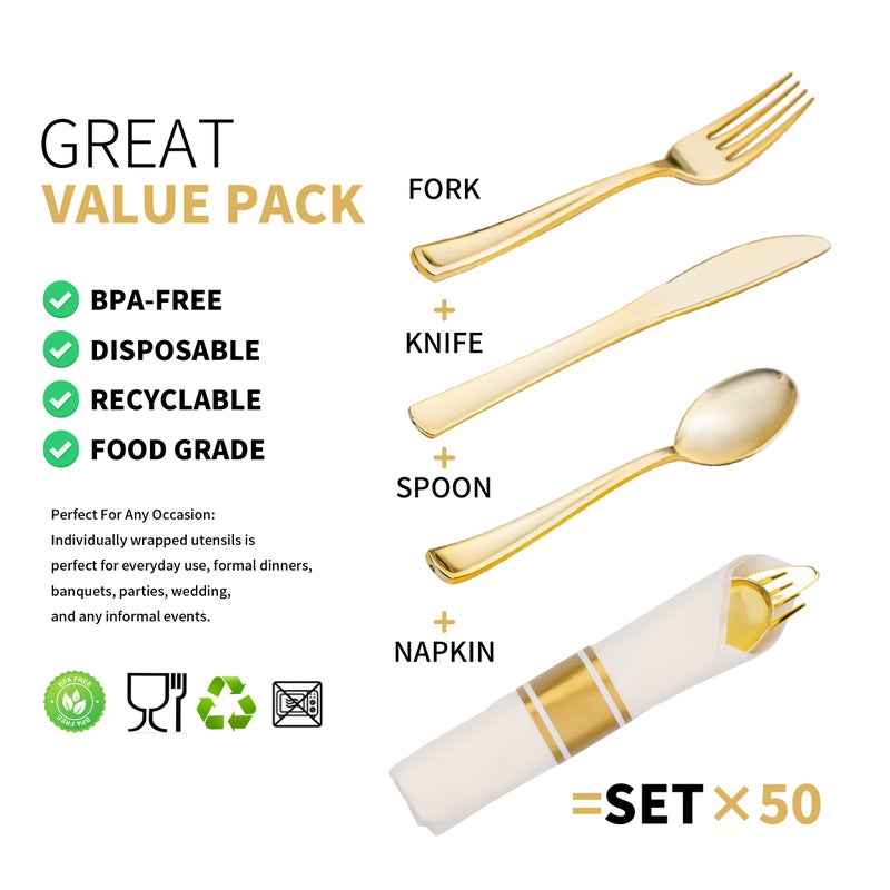 ISFANGCO 50 Pack Pre Rolled Gold Plastic Silverware Set with Napkins Disposable Wrapped Heavy Duty Cutlery Set for Wedding Birthday Party-50 Forks Knives Spoons Napkins Utensils Set Plasticware Bulk - Image 3