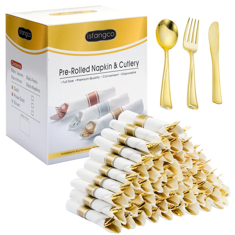 ISFANGCO 50 Pack Pre Rolled Gold Plastic Silverware Set with Napkins Disposable Wrapped Heavy Duty Cutlery Set for Wedding Birthday Party-50 Forks Knives Spoons Napkins Utensils Set Plasticware Bulk - Image 1