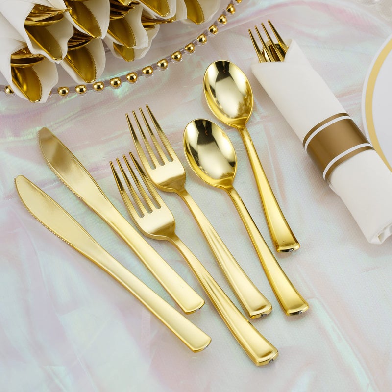ISFANGCO 50 Pack Pre Rolled Gold Plastic Silverware Set with Napkins Disposable Wrapped Heavy Duty Cutlery Set for Wedding Birthday Party-50 Forks Knives Spoons Napkins Utensils Set Plasticware Bulk - Image 5