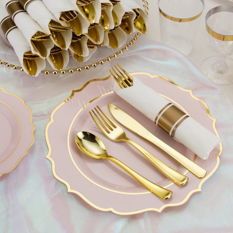 ISFANGCO 50 Pack Pre Rolled Gold Plastic Silverware Set with Napkins Disposable Wrapped Heavy Duty Cutlery Set for Wedding Birthday Party-50 Forks Knives Spoons Napkins Utensils Set Plasticware Bulk - Image 4