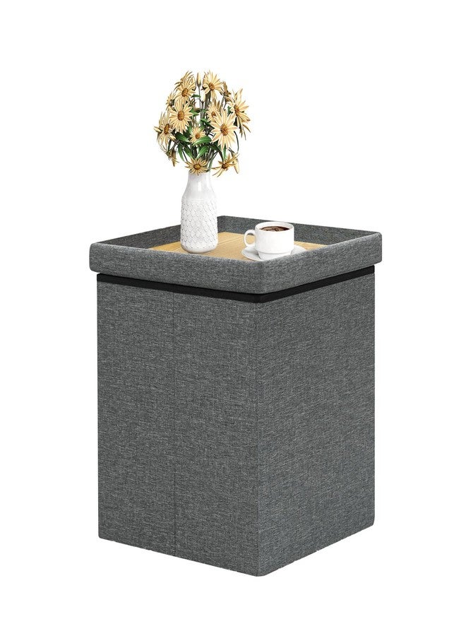 B FSOBEIIALEO Storage Ottoman with Tray, Small Ottomans Cube Folding Coffee Table Foot Stool Footrest Seat, Dark Grey Linen 16"X15.7"x15" - Image 1