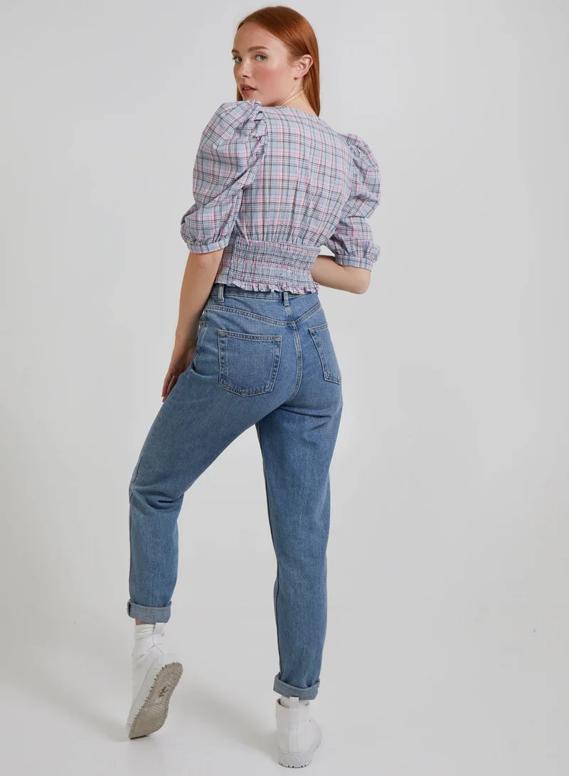 Pink Vanilla Check Puff Sleeve Crop Top