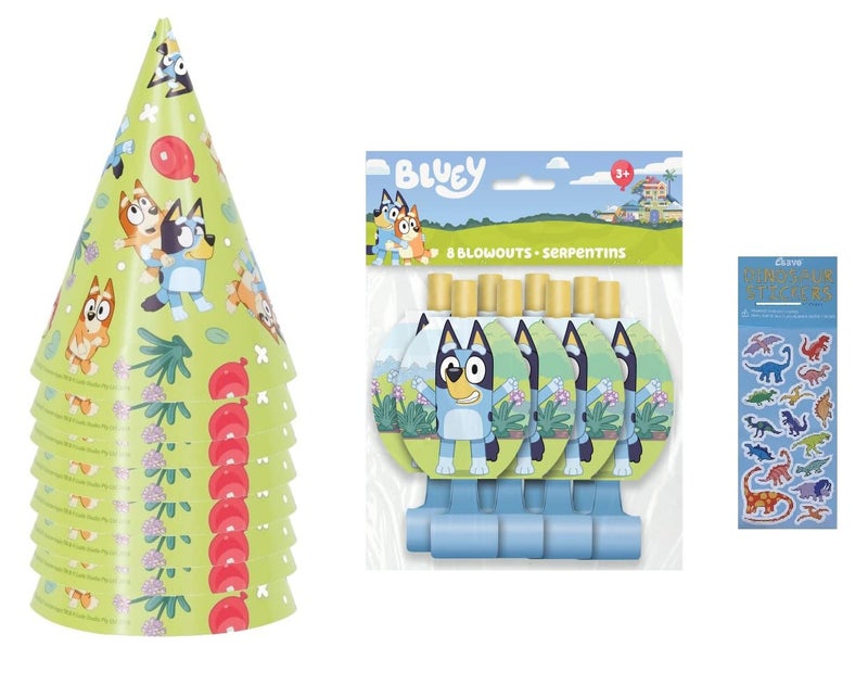Unique Bluey Birthday Party Supplies Bundle includes 8 Party Hats, 8 Party Blowouts and 1 Dinosaur Sticker Sheet - Image 1