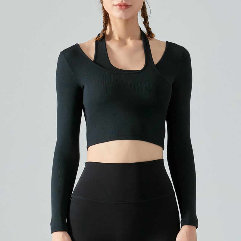Generic Autumn Yoga Halter Top Removable Pads Long Sleeve Black