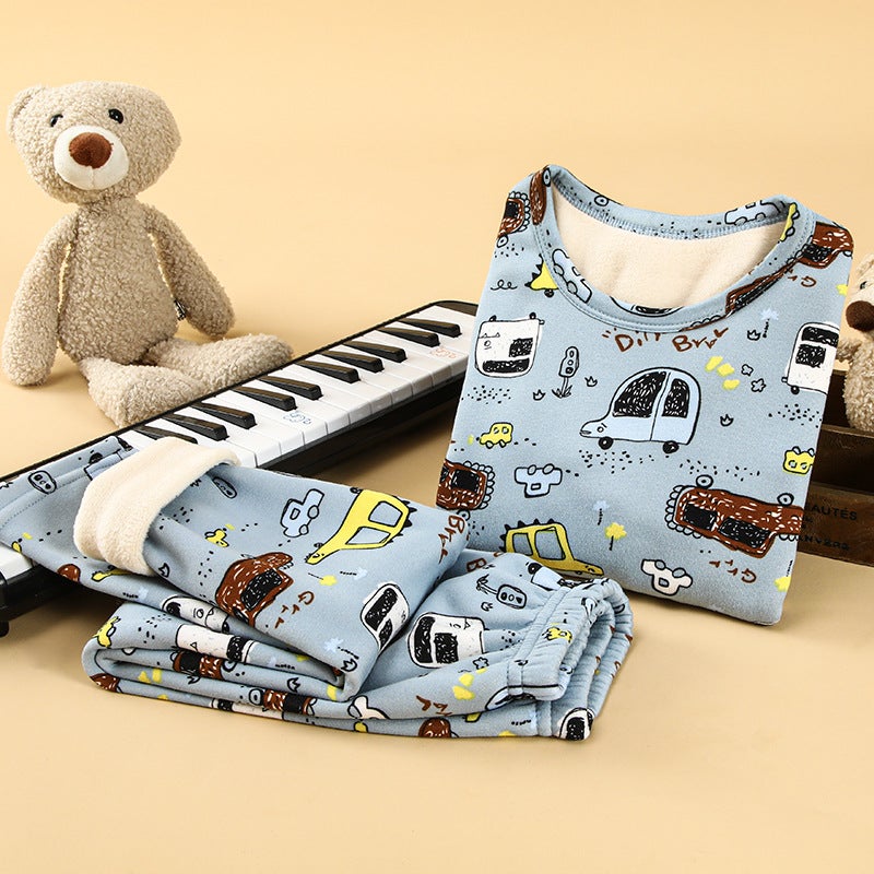 Kids Warm Velvet Cotton Underwear Set Light blue cars (fleece-lined) 