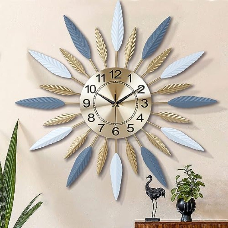 23 Inch Silent Wall Clock Metal Mid Century Wall Clock Starburst Wall Clock Colorful Leaf Wall Clock Large Mid Century Wall Clock Silent Clock for Living Room Mordern Art Deco Kitchen Office - Image 1