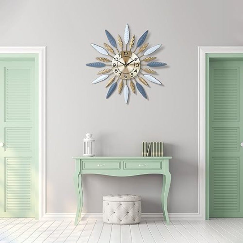 23 Inch Silent Wall Clock Metal Mid Century Wall Clock Starburst Wall Clock Colorful Leaf Wall Clock Large Mid Century Wall Clock Silent Clock for Living Room Mordern Art Deco Kitchen Office - Image 3