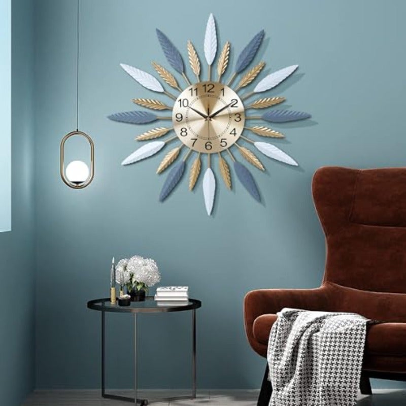 23 Inch Silent Wall Clock Metal Mid Century Wall Clock Starburst Wall Clock Colorful Leaf Wall Clock Large Mid Century Wall Clock Silent Clock for Living Room Mordern Art Deco Kitchen Office - Image 2